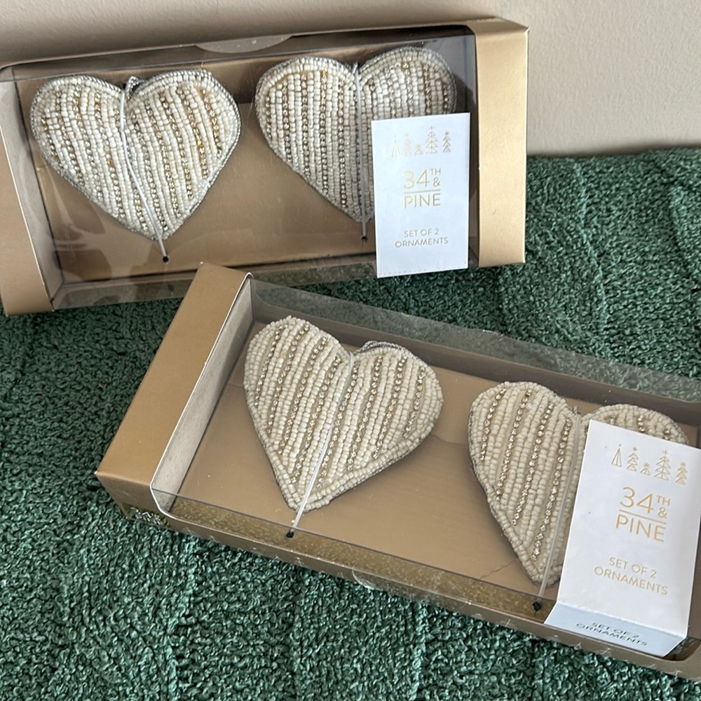 34th & Pine Heart Ornaments Ivory Beads Rhinestone Set of 4 NEW